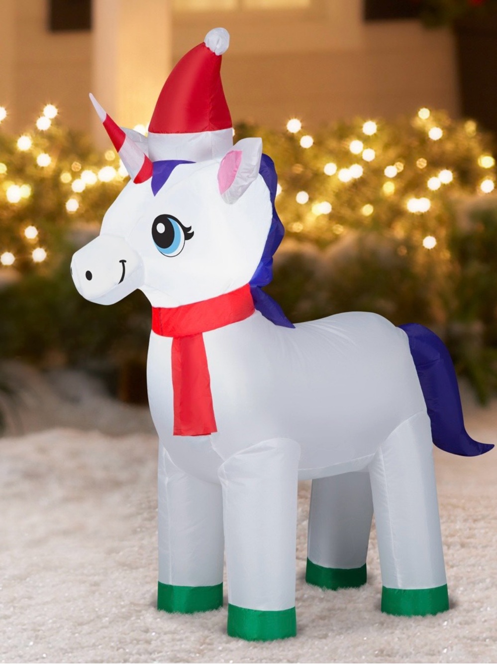 Festive White Unicorn Inflatable with Red Hat and Scarf (NEW)